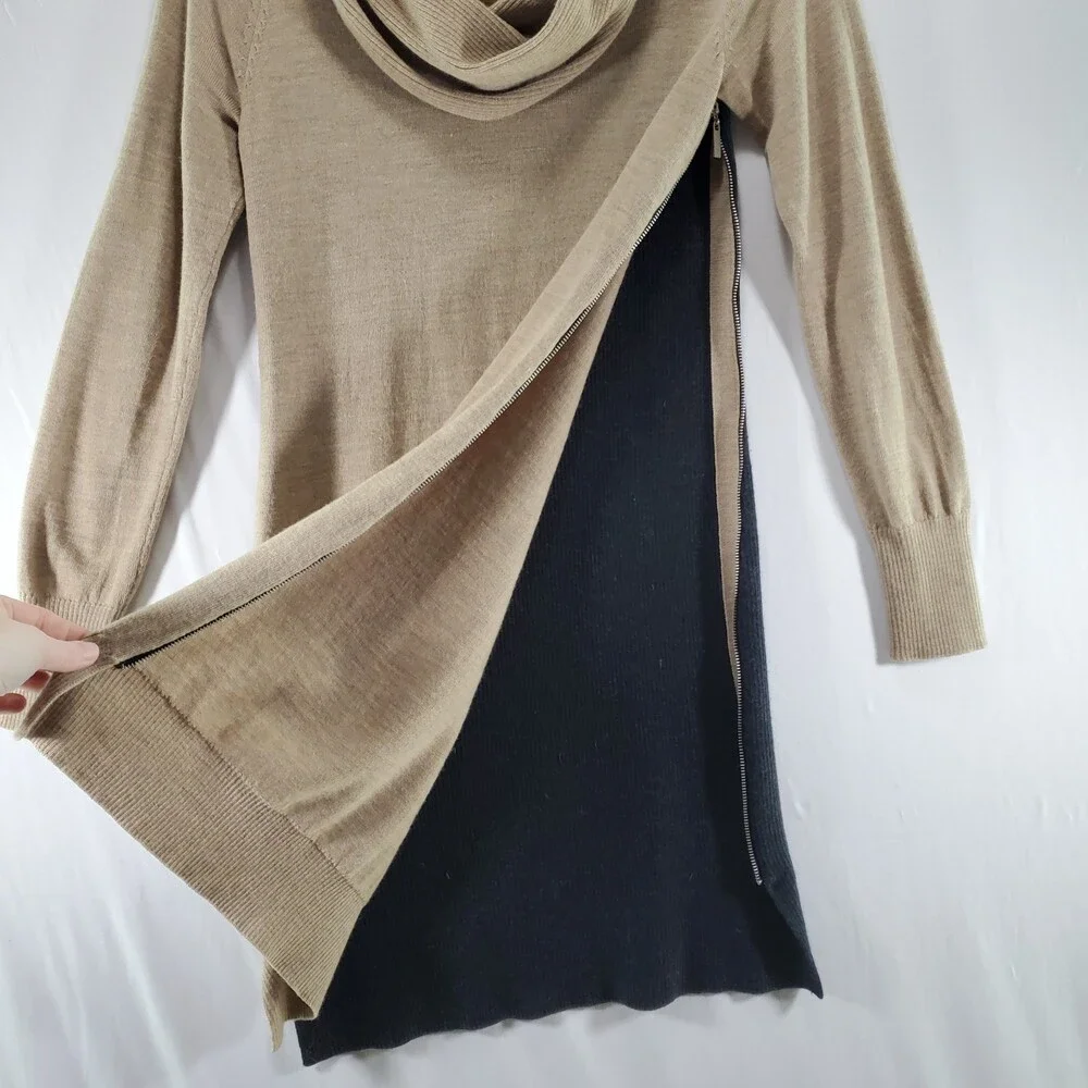 Cynthia Rowley M Extrafine Merino Wool Cowl Neck Dress Color Block Side Zip